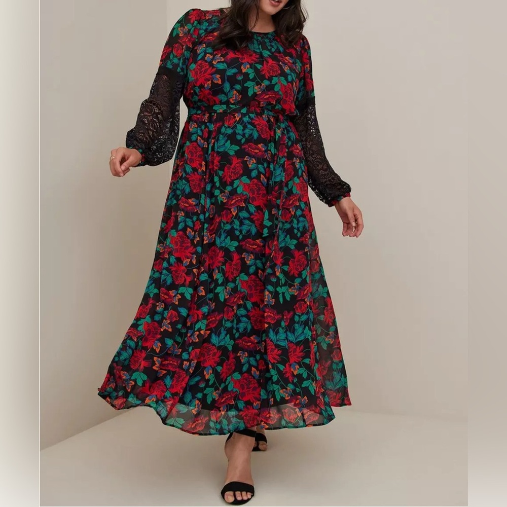Torrid Size 2 - Maxi Peasant Dress - Chiffon Floral Black